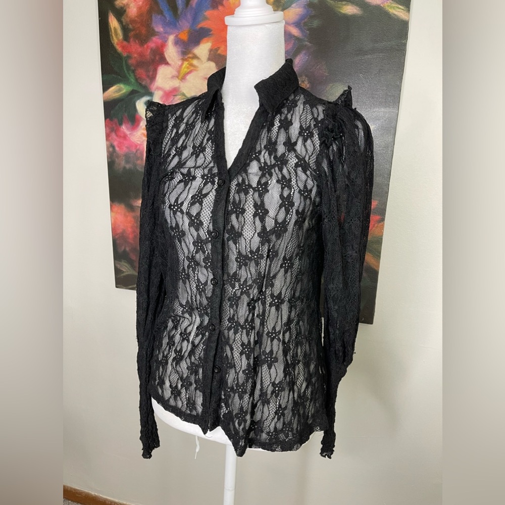 Amber Skies New Womens small Black Lace Sheer Blouse Dark Whimsigoth Witch